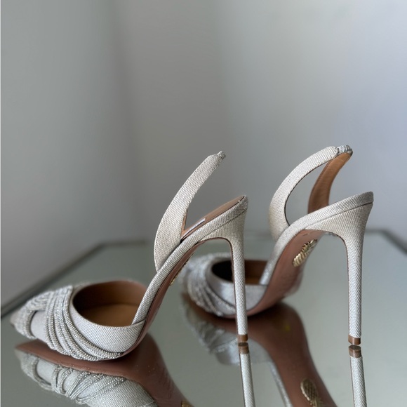New AQUAZZURA Gatsby 105 crystal-embellished metallic canvas slingback pumps - Picture 6 of 13